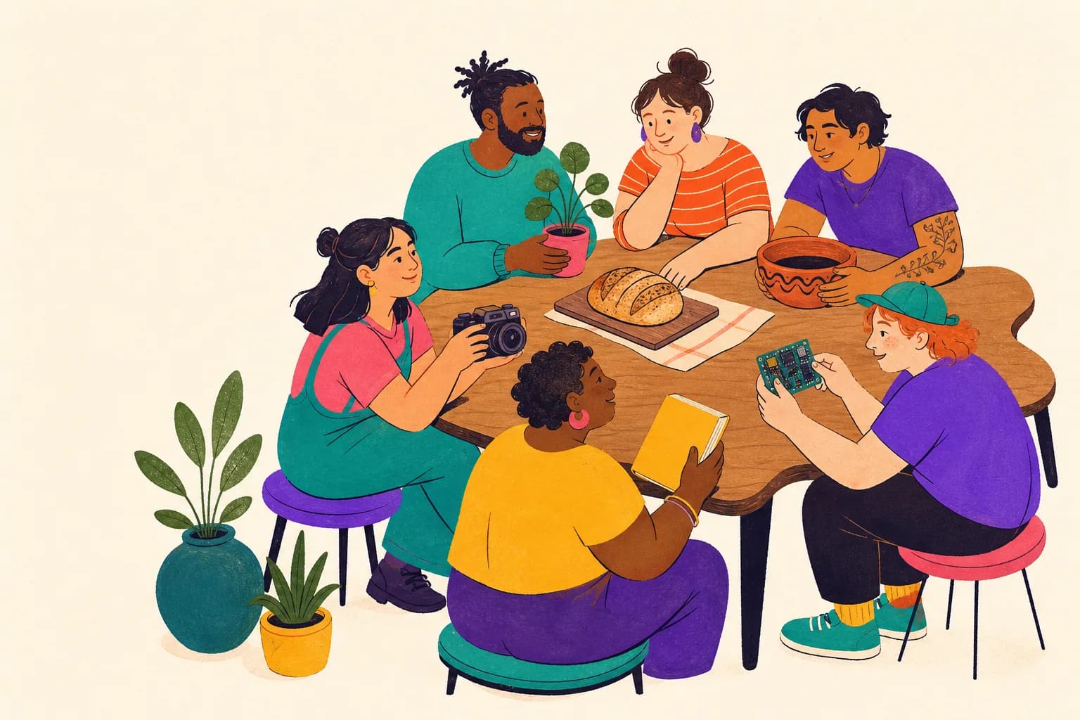 Six fictional neighbors gather around a shared table with books, bread, plants, pottery, photography, and electronics.