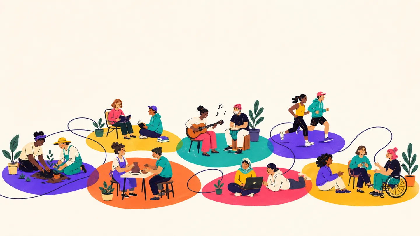 Fictional neighbors gather in intersecting circles around gardening, making, music, reading, running, and technology.