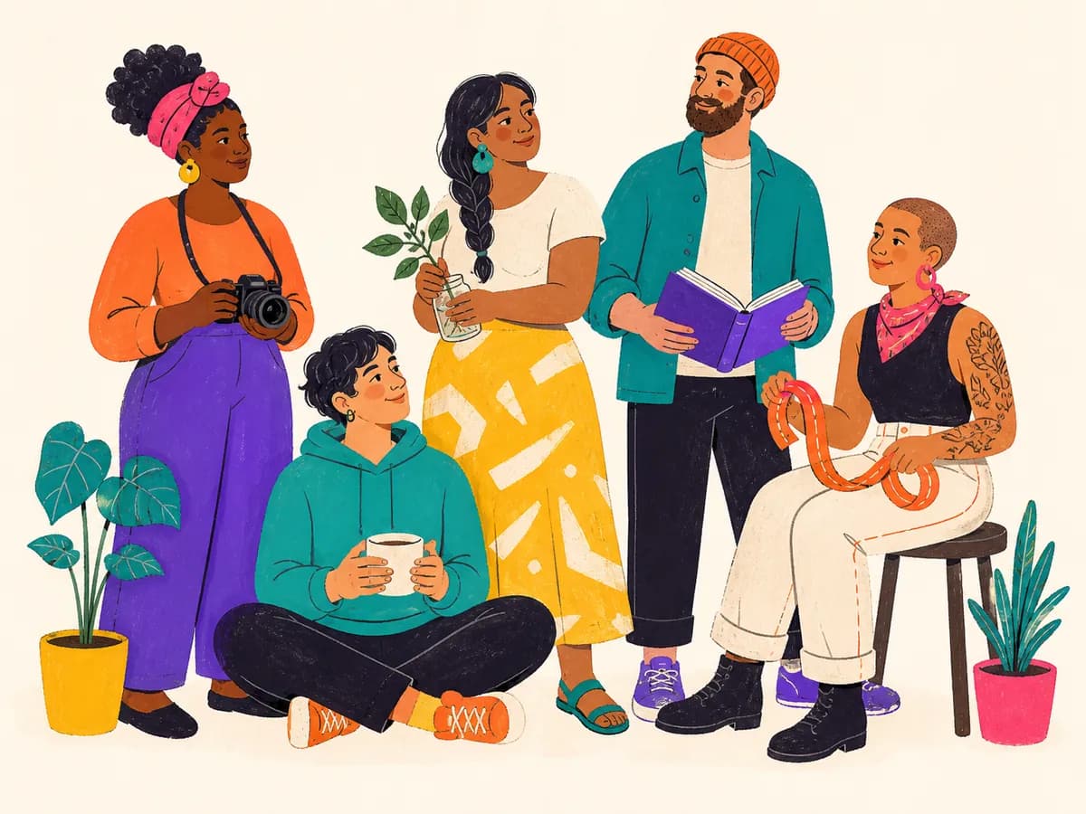 A diverse group of five fictional community organizers with a camera, plant cutting, book, cup, and running rope.