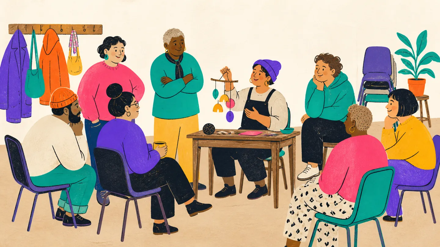 Eight fictional neighbors gather in a small room while a member demonstrates a handmade mobile.