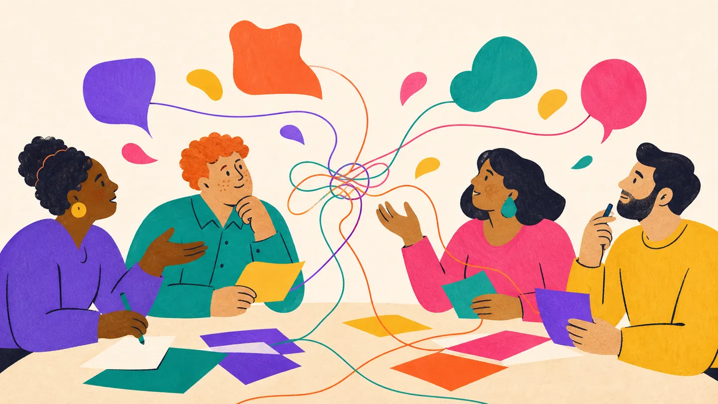 Four fictional neighbors exchange colorful ideas around a table.